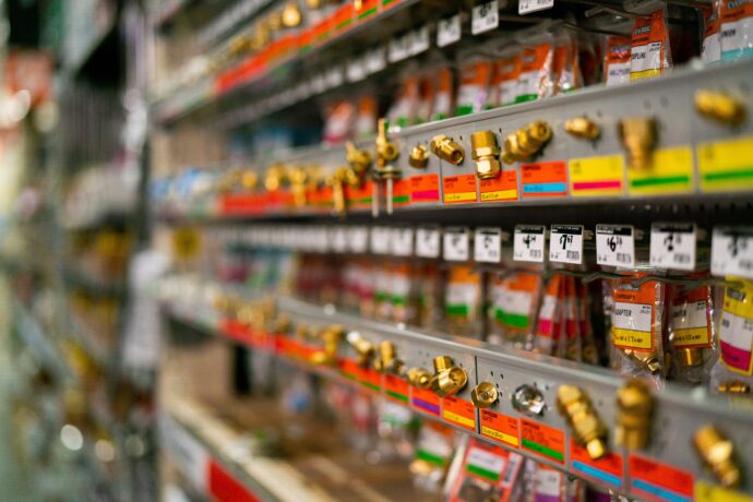 A row of hardware items in a store.