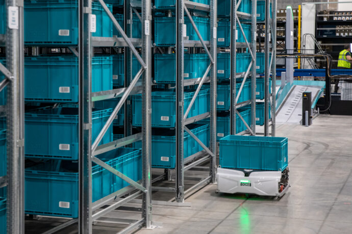 An Exotec's Skypod autonomous mobile robot in a warehouse.