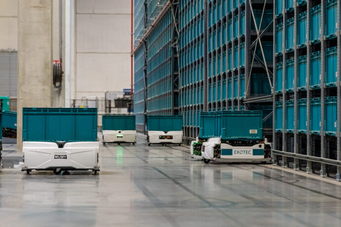 A line of Skypod robots in a warehouse for logistics fulfillment solutions.