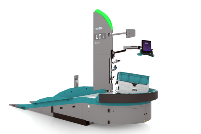 A warehouse conveyor system station on a white background.