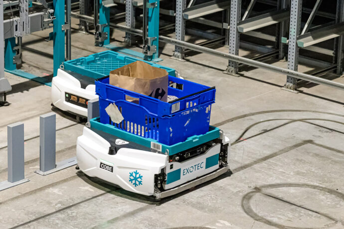 Image of a temperature controled Skypod robot with a specialized bin designed for the grocery warehouse automation.