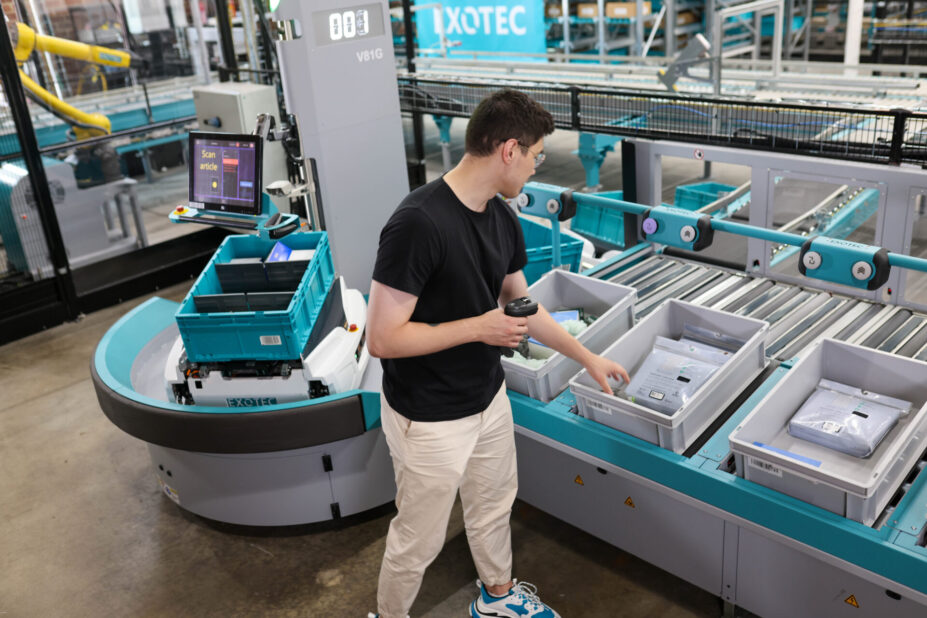 Pick-to-light and put-to-light systems being utilized during order fulfillment with the Exotec Skypod system