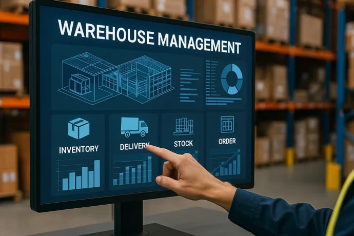 Lagermitarbeiter sitzt vor einem Monitor im Lager und überwacht die Warehouse Management Software
